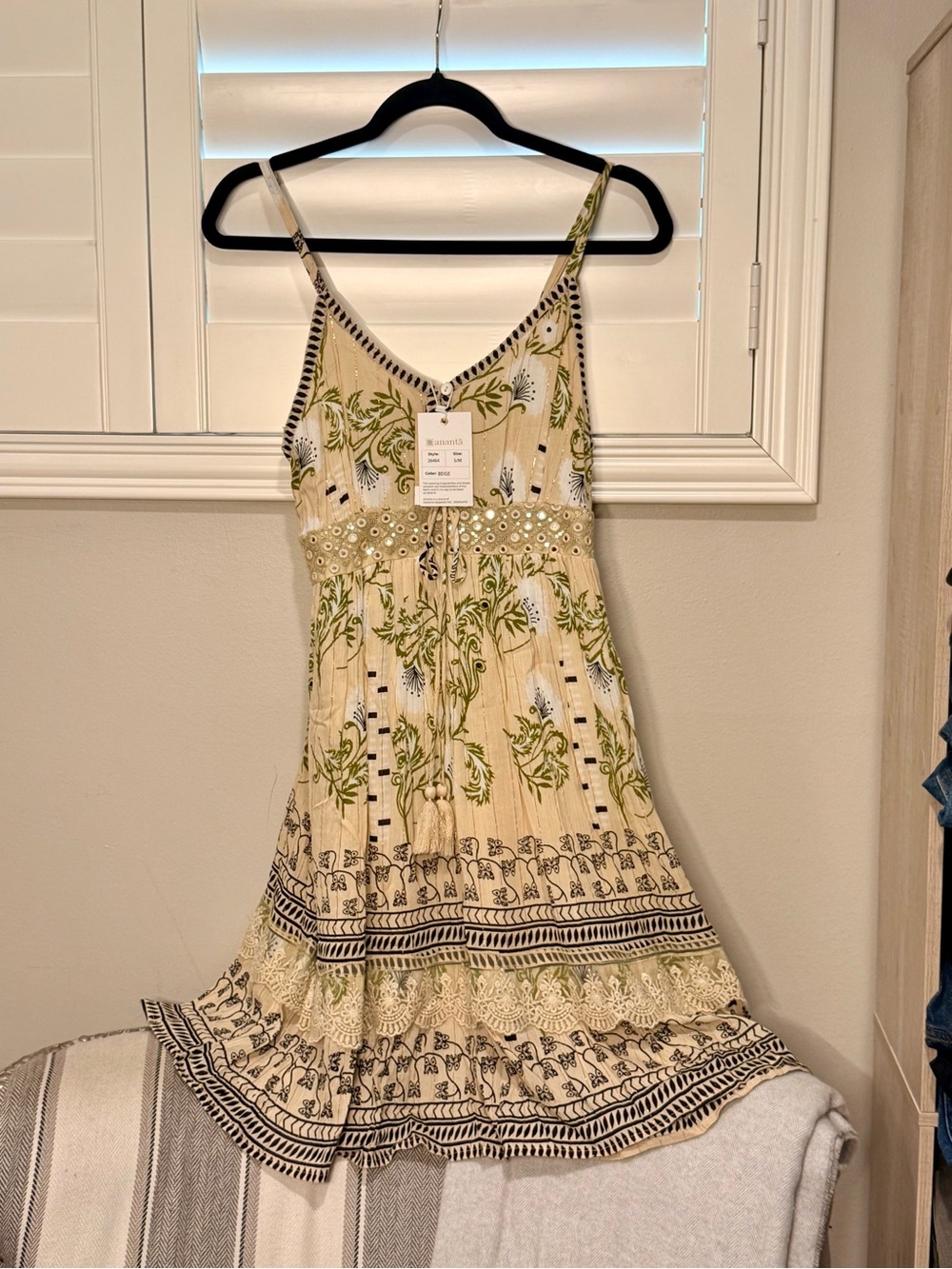 Cream Floral Spaghetti-Strap Mini Dress with Green Print